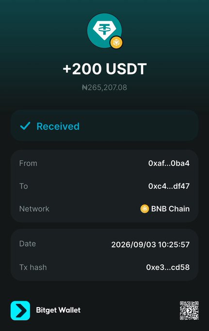 A Bitget Wallet transaction receipt showing a '+200 USDT' (₦265,207.08) received transfer on BNB Chain with transaction hash details.
