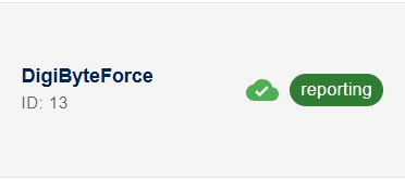 A user profile card for 'DigiByteForce' (ID: 13) shown with a green checkmark and a 'reporting' status badge.
