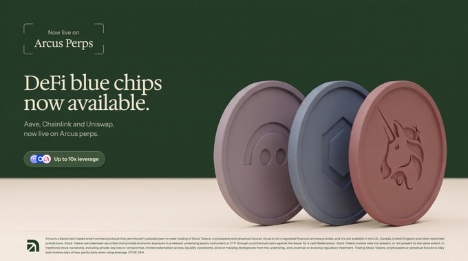 An advertisement for Arcus Perps stating 'DeFi blue chips now available' featuring stylized purple, blue, and red tokens with logos for Aave, Chainlink, and Uniswap.