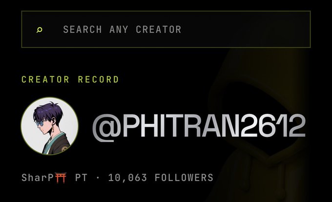 A creator profile screen showing '@PHITRAN2612' with 10,063 followers, a search bar for any creator, and an anime character avatar.