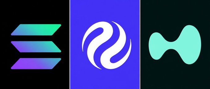Three cryptocurrency or brand logos displayed side by side: a purple and green Solana-style logo, a white wavy logo on a purple background, and a cyan hourglass-like shape on a black background.