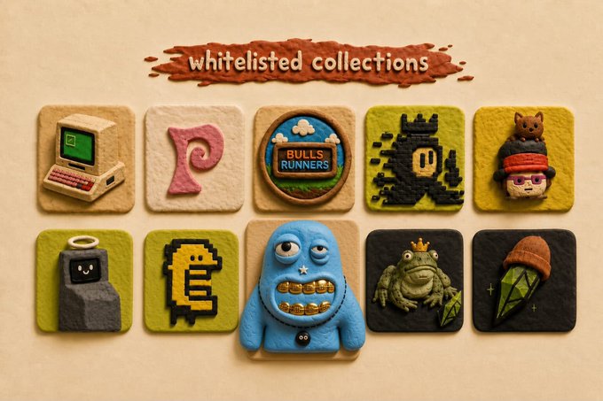 A banner reading "whitelisted collections" sits above a grid of 10 felt-style NFT icons, including a retro computer, an "R" logo, a "BULLS RUNNERS" patch, a pixel character, a cat in a hat, a black tombstone figure, a "B" coin, a blue monster, a crowned frog, and a gem—visually representing the partnered NFT projects (@RobinWifHat, @RetailShrooms, @cashcatss, @Frongsss, @btcordinal, @OnChainHoodies) whose holders qualify for the Just T00ns mint alongside original collectors.