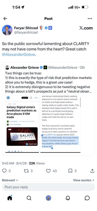 A screenshot of an X post by Faryar Shirzad commenting on the CLARITY Act, quoting a tweet from Alexander Grieve about Galaxy Digital's prediction market launch and potential insider trading concerns, with no visible mention of Brian or $coin despite the accompanying caption's claims.