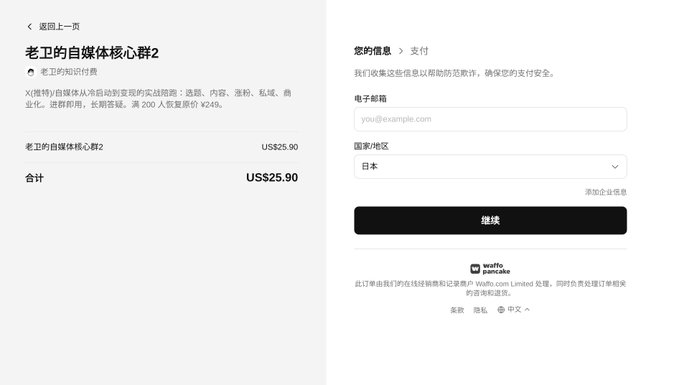 A checkout page in Chinese for "老卫的自媒体核心群2" (Lao Wei's Self-Media Core Group 2) showing a US$25.90 subscription with email and country (日本/Japan) fields, powered by waffo payments, illustrating the new online payment integration mentioned in the post.