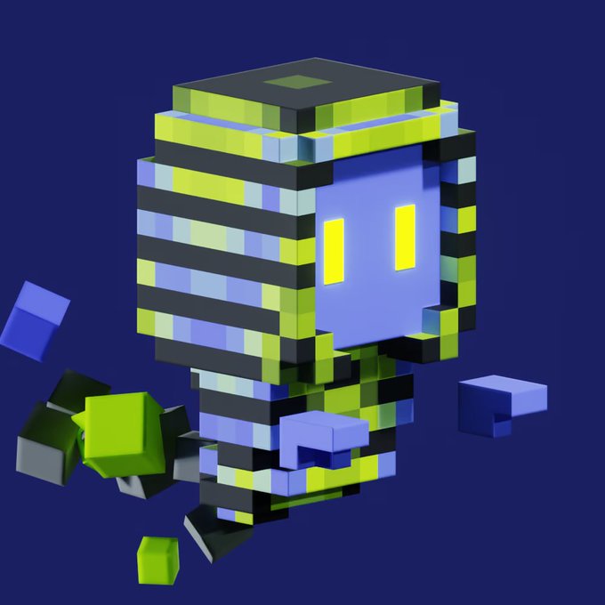 A 3D pixel-art style rendering of a character resembling a voxel-based object with yellow, green, and purple blocks against a dark blue background, appearing to float or move with cubes scattered around.
