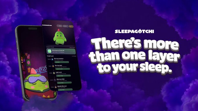An advertisement for 'Sleepagotchi' showing a smartphone mockup with a 3D green sleep mask character on a purple cloudy background, with the tagline 'There's more than one layer to your sleep.'