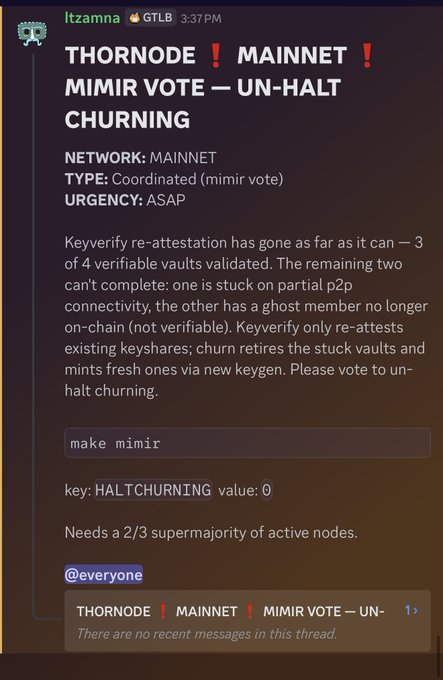 The image shows a screenshot of a social media platform, where a post about Thorchain trading has been shared by an individual named @Everyone. The post contains information about the trading of Thorchains and mentions that the trading will resume soon.