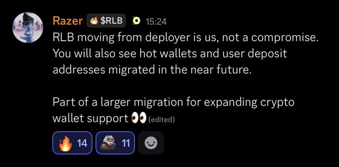 Discord message from Razer in the $RLB channel stating "RLB moving from deployer is US, not a compromise. You will also see hot wallets and user deposit addresses migrated in the near future. Part of a larger migration for expanding crypto wallet support."