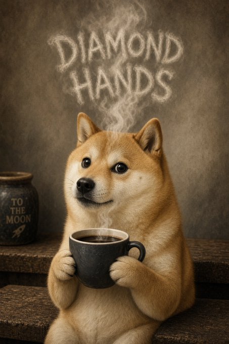 A Shiba Inu ("Doge") pup holds a steaming mug of "DIAMOND HANDS" coffee beside a "TO THE MOON" jar, embodying the steadfast commitment to holding $DOGE until it reaches $1.