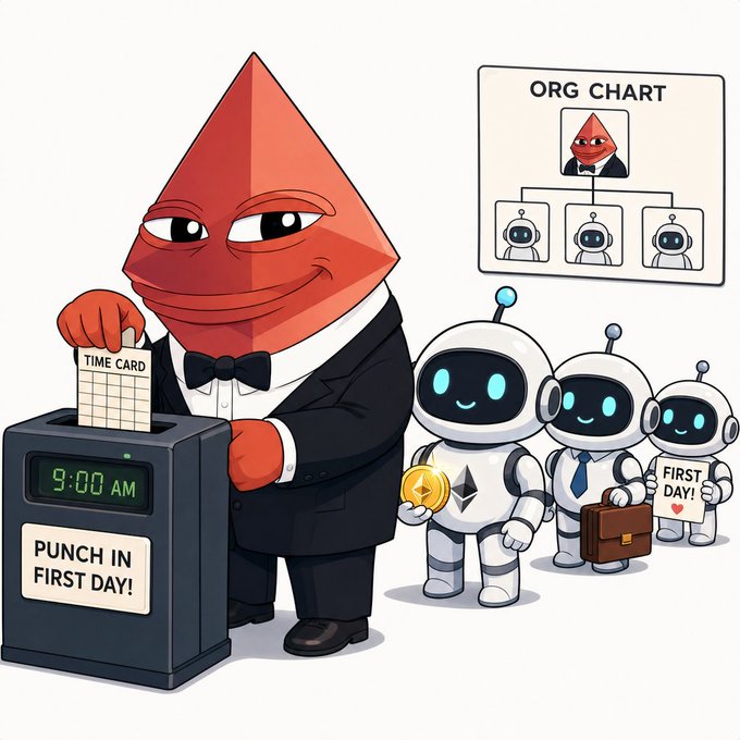 The cartoon shows an "Ethereum" EF (dressed in a tuxedo) holding a "TIME CARD" labeled "9:00 AM" at a "PUNCH IN FIRST DAY!" clock, with three small robot employees lined up beside an "ORG CHART" putting them at the top — one robot holds an Ethereum coin and a briefcase, another waves a "FIRST DAY!" sign. The illustration visualizes the post's message that AI agents have literally "clocked in" to the workforce, with the Ethereum logo as the boss overseeing autonomous agents running live DeFi positions (1 ETH funding) and paying for their own APIs.