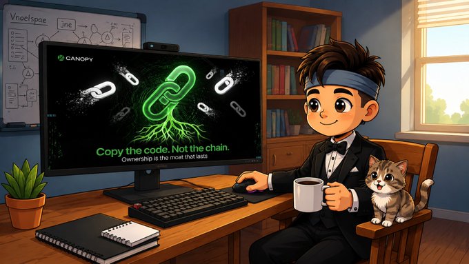 A cartoon-style illustration shows a young boy in a suit and headband sitting at a computer desk holding a coffee mug, with a cat beside him and a monitor displaying 'Copy the code. Not the chain.' with green chain link graphics.