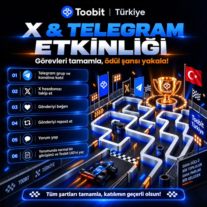 A promotional graphic for Toobit Türkiye's X & Telegram event (in Turkish), listing six tasks such as joining Telegram groups, following X accounts, and commenting to win rewards.