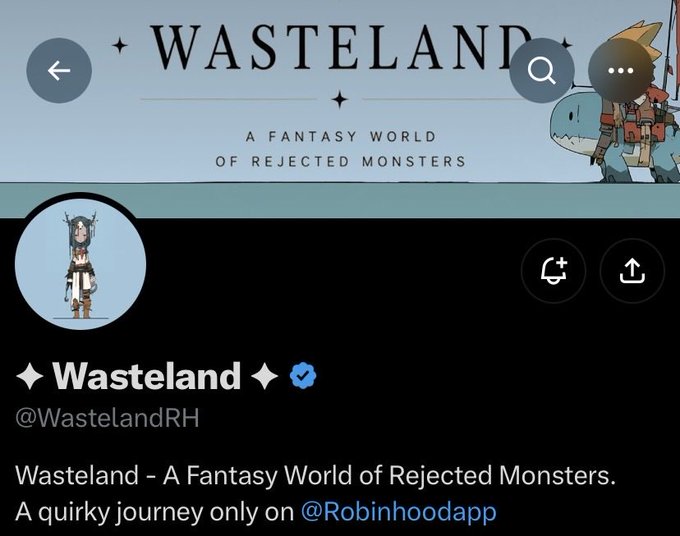 The Twitter/X profile page for 'Wasteland' (@WastelandRH), described as 'A Fantasy World of Rejected Monsters' on the Robinhood app.