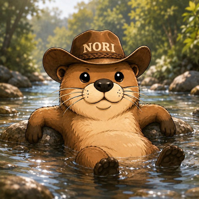 A digital illustration of a cute otter relaxing in a stream, wearing a brown cowboy hat with 'NORI' written on it, surrounded by rocks and greenery.