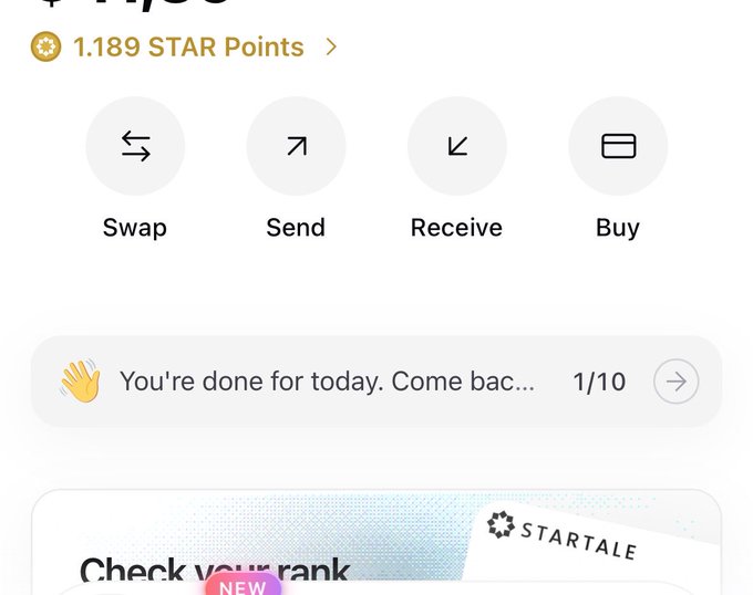 A cryptocurrency wallet app interface showing options for Swap, Send, Receive, and Buy, displaying 1,189 STAR Points and a notification reading 'You're done for today. Come bac...' (1/10).