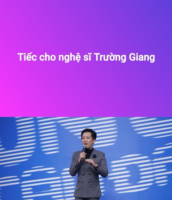 A man in a gray suit speaks into a microphone on a stage with a blue background featuring the text 'FRAME ZERO COLLECTION' and 'Tiếc cho nghệ sĩ Trường Giang' above him.