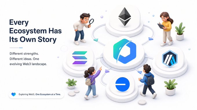An illustrated Web3-themed graphic titled "Every Ecosystem Has Its Own Story," featuring cartoon characters examining logos for Ethereum, Solana, Arbitrum, Base, and what appears to be a fifth ecosystem on pedestals connected by arrows, with the tagline "Exploring Web3, One Ecosystem at a Time." The image visually represents the post's theme of appreciating the unique strengths of multiple crypto ecosystems (Ethereum, Solana, Arbitrum, Base, and possibly Rezor) rather than committing to just one.