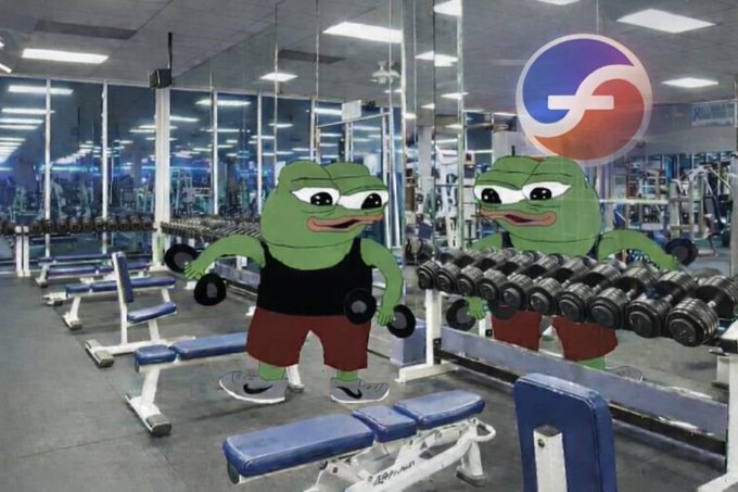 An edited image of the Pepe the Frog character lifting dumbbells in a gym, with a gym logo in the upper right corner.