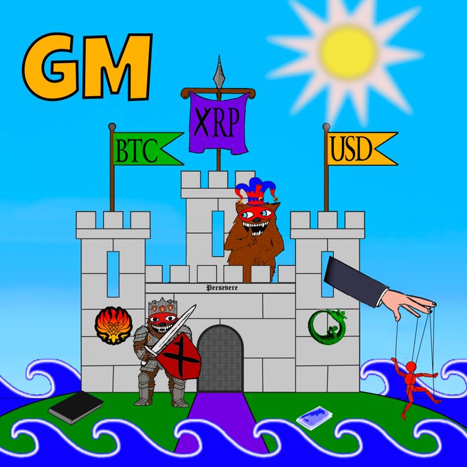 A cartoon castle flying BTC, XRP, and USD banners with "GM" in the sky features knights and bears defending the crypto realm, while a hand uses a marionette to control a small XRP figure—symbolizing how bearish XRP holders (per the post's @BearXRPL reference) maintain clear conviction amid market uncertainty.