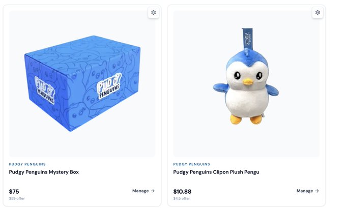 Product listings showing 'Pudgy Penguins Mystery Box' priced at $75 ($59 offer) and 'Pudgy Penguins Clipon Plush Pengu' priced at $10.88 ($4.5 offer), featuring a blue branded box and a small plush penguin toy.