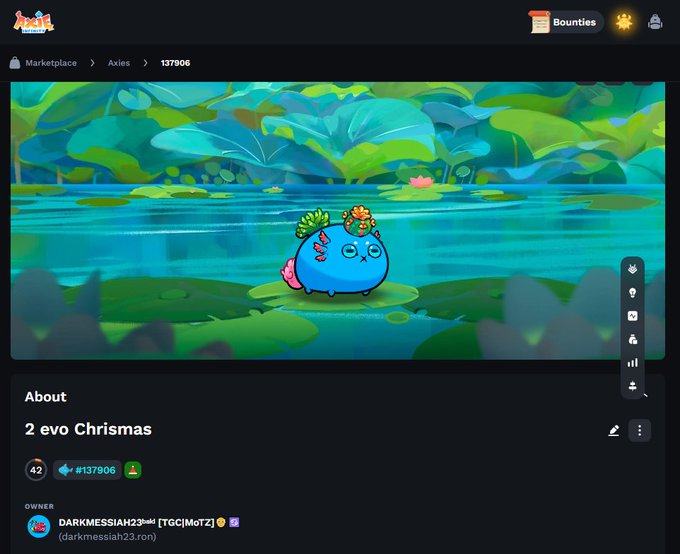 The image displays a marketplace listing for a cute blue Axie creature named "2 evo Chrismas" (#137906) with festive holiday accessories, owned by DARKMESSIAH23, set in a serene pond environment. This relates to the post celebrating the early Christmas-themed quest appearance and inviting followers to suggest names for the Axie character.