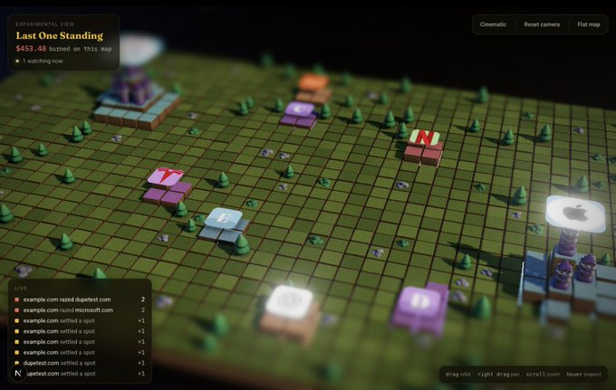 A screenshot of an experimental game called 'Last One Standing' showing an isometric grid map with lettered tiles (N, T, P, D), scattered trees, and a live chat feed in the bottom-left corner.