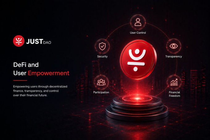 A marketing graphic for "JUST DAO" promoting "DeFi and User Empowerment" through decentralized finance, featuring icons for Security, Transparency, Participation, and Financial Freedom.