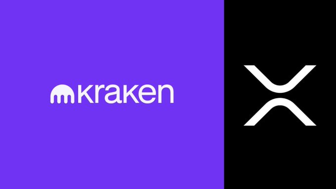 The image shows the Kraken logo on a purple background alongside the XRP logo on a black background, representing the transfer of 19,570,000 XRP to the Kraken exchange. The juxtaposition of the two logos visually illustrates the deposit action described in the post.