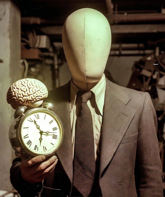 A surreal portrait shows a faceless figure in a gray suit holding an old-fashioned alarm clock with a human brain resting on top, set in an industrial-looking space.