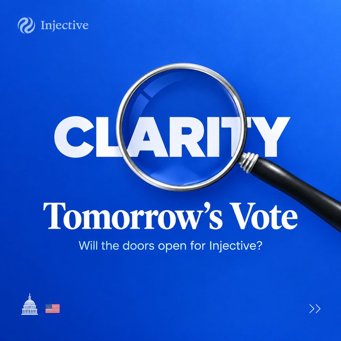 A promotional graphic for Injective featuring a magnifying glass over the word "CLARITY" on a blue background, with the tagline "Tomorrow's Vote — Will the doors open for Injective?" alongside U.S. Capitol and flag icons.