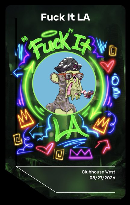 A neon-styled poster with the text 'Fuck It LA' featuring a cartoon rat wearing a helmet and glasses, with 'Clubhouse West 08/27/2026' at the bottom.