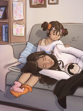 An illustration shows a young girl with pigtails hugging a woman with long brown hair, who is holding a panda plushie while sitting on a couch.