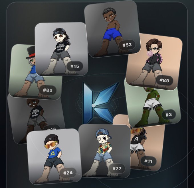 The image displays a collage of cartoon-style character PFPs (profile pictures) numbered #3, #11, #15, #24, #46, #52, #77, #83, and #89, arranged around a stylized "K" logo in the center, representing the KyneraHQ NFT collection. This visual showcases the variety of original avatars available in the collection that the post is giving away whitelist spots for.