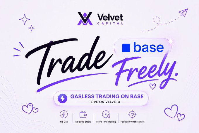The image is a promotional graphic for Velvet Capital announcing "Gasless Trading on Base," live on Velvex, with features highlighted as No Gas, No Extra Steps, More Time Trading, and Focus on What Matters. It ties to the post's recommendation of Velvet Capital as a tool for finding alpha, emphasizing the platform's seamless trading experience on the Base network.