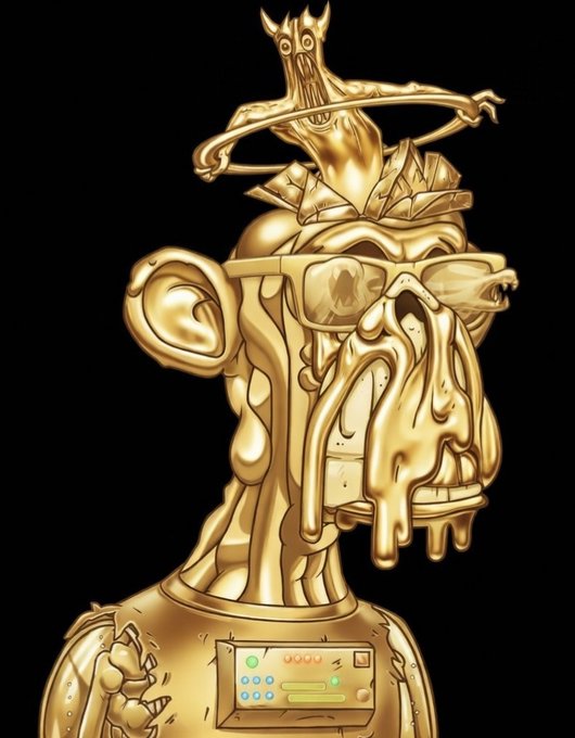 A gold-colored digital artwork of a melting, distorted figure with sunglasses and a small creature perched on top.