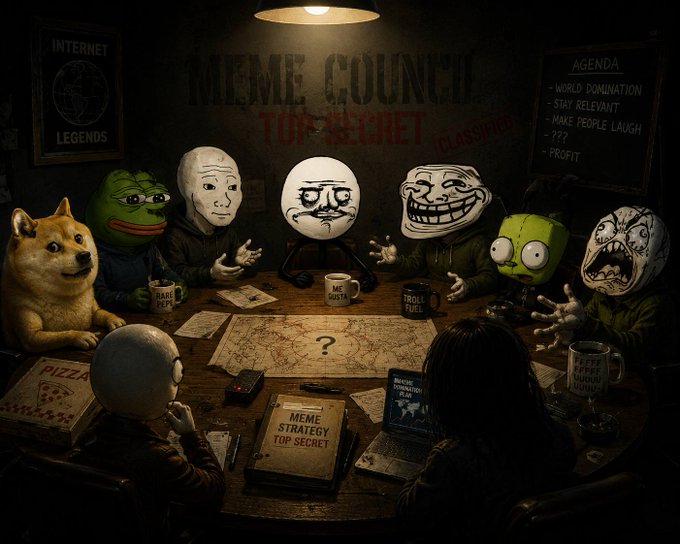 A dimly lit "MEME COUNCIL" meeting room features iconic figures like Pepe, Doge, Trollface, and other classic internet meme characters gathered around a table discussing "MEME STRATEGY TOP SECRET" and a "WORLD DOMINATION" agenda, with a book titled "Brutal Domination" visible—satirically depicting a clandestine council plotting to manipulate internet culture, tying into the post about secretly pumping the $MEGUSTA meme token.
