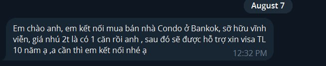 A Facebook Messenger chat dated August 7 at 12:32 PM shows a Vietnamese message where someone is offering to connect buyers with a 2 billion VND condominium in Bankok owned by a friend, promising support with a 10-year Thailand visa. The accompanying post's playful reaction of surprise ("Whoa, that fast already") likely refers to the fact that the seller already has a visa agent lined up, cutting out the traditional hassle of finding Thai visa assistance.