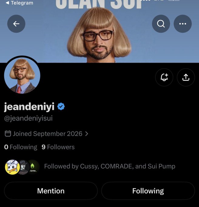 A Twitter/X profile page for 'jeandeniyi' (@jeandenyisui) featuring a blonde bowl-cut avatar, showing 0 Following, 9 Followers, joined September 2026, followed by Cussy, COMRADE, and Sui Pump.