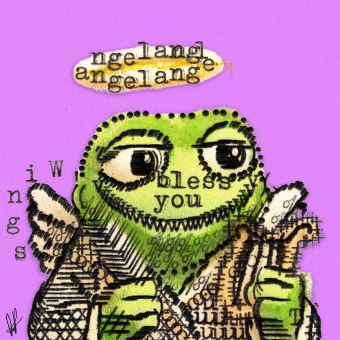 A mixed-media collage artwork on a purple background featuring a green character holding a cat, with handwritten text including "bless you", "angel", and "iwinga".