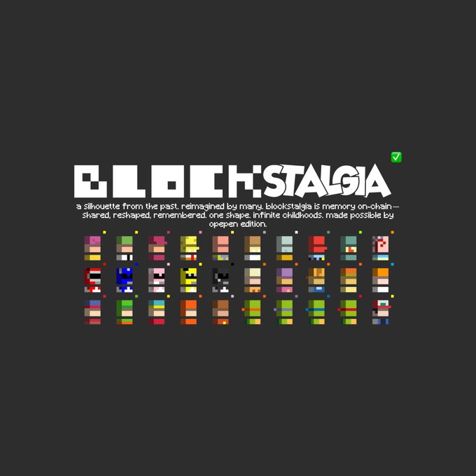 Promotional graphic for 'Blockstalgia' with the tagline 'a silhouette from the past, reimagined by many. blockstalgia is memories on-chain—shared, reshaped, remembered. one shape. infinite childhoods. made possible by p00pen edition.' showing pixel-art character variations.