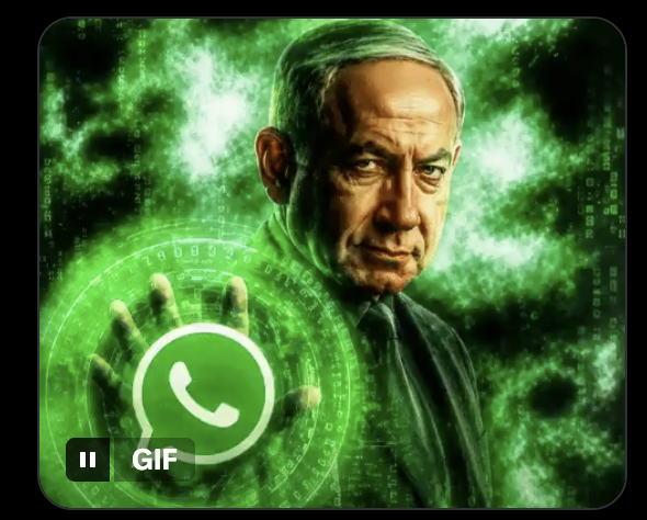 A stylized image of a serious-looking man in a suit with a glowing green magical aura, reaching his hand forward to display a WhatsApp logo icon, with a 'GIF' label in the corner.