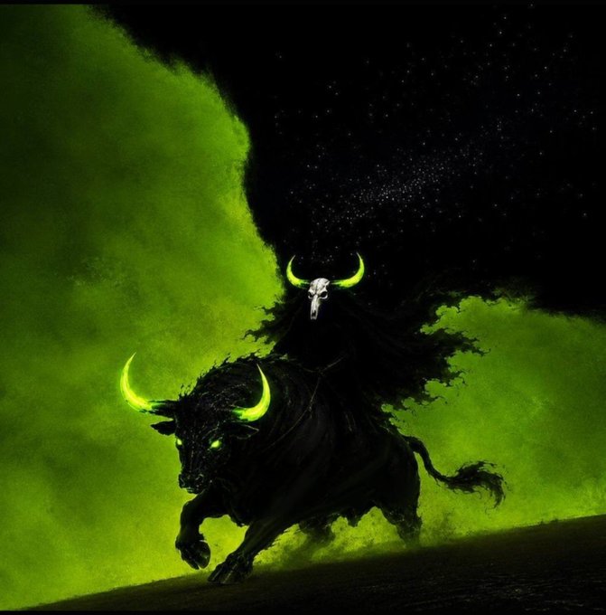 A dark fantasy illustration depicts a cloaked, skull-faced figure with glowing green crescent horns riding a large, shadowy black bull with matching glowing green horns, set against a misty green background.