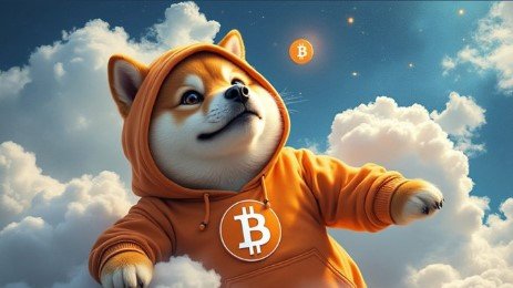 A digital illustration of a smiling Shiba Inu dog wearing an orange hoodie with a Bitcoin logo, floating among clouds under a starry sky with a Bitcoin symbol in the background.