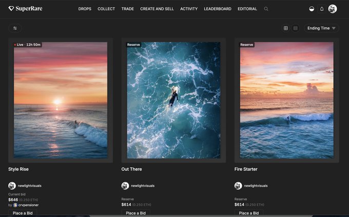A screenshot of the SuperRare NFT marketplace showing three listed artworks titled 'Style Rise', 'Out There', and 'Fire Starter' by newlightvisuals, with prices listed in ETH.
