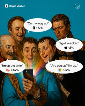 This appears to be a promotional image for Bitget Wallet featuring a classical-style painting of five men looking at a smartphone with a rainbow emanating from it, each expressing reactions to stock performance with speech bubbles: "On my way up +12%," "I got wrecked -8%," "I'm up big time +36%," "Are you up? I'm up +15%." The post's reference to "tokenized stocks as assetback" ties into the image's theme of tracking stock earnings through the Bitget Wallet platform, showing users reacting to various stock price movements (+12%, -8%, +36%, +15%) they've presumably selected as their asset backing.