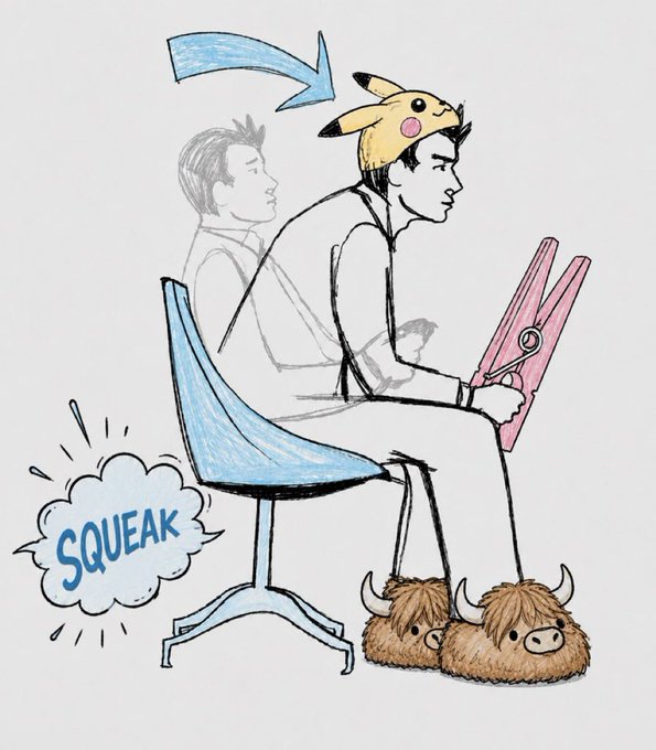 The image shows a person sitting on an office chair wearing a Pikachu hat and furry boots that resemble highland cattle, holding a giant pink clothespin with a "SQUEAK" sound effect when they sit. The cartoon humorously illustrates the crypto trading strategy described in the post—someone awkwardly fitting into niche markets (Pikachu/cow costume) while hoping to squeeze out gains (SQUEAK), mocking the impractical approach of gambling on altcoins instead of sticking with Bitcoin.