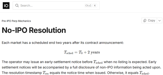 A documentation page titled 'No-IPO Resolution' under 'Pre-IPO Perp Mechanics,' featuring the equation T_sched = T_0 + 2 years and explaining early-settlement notices and resolution timestamps.