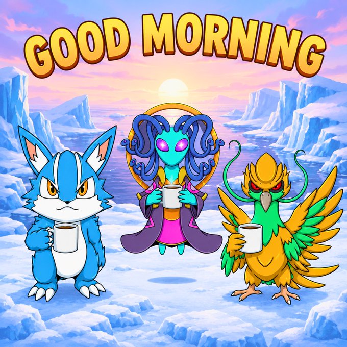 A colorful cartoon 'GOOD MORNING' illustration featuring a blue fox, a green octopus-like character in a robe, and a yellow bird-like creature, all holding coffee mugs in an icy landscape at sunrise.