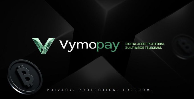 Vymopay logo displayed on a sleek black background featuring a geometric green "V" icon alongside a Bitcoin coin, with the tagline "Digital Asset Platform, Built Inside Telegram" and the values "Privacy. Protection. Freedom." The image visually reinforces the post's message of integrating a complete crypto financial stack—wallets, payments, exchange, staking, and loans—directly within the Telegram messaging app.