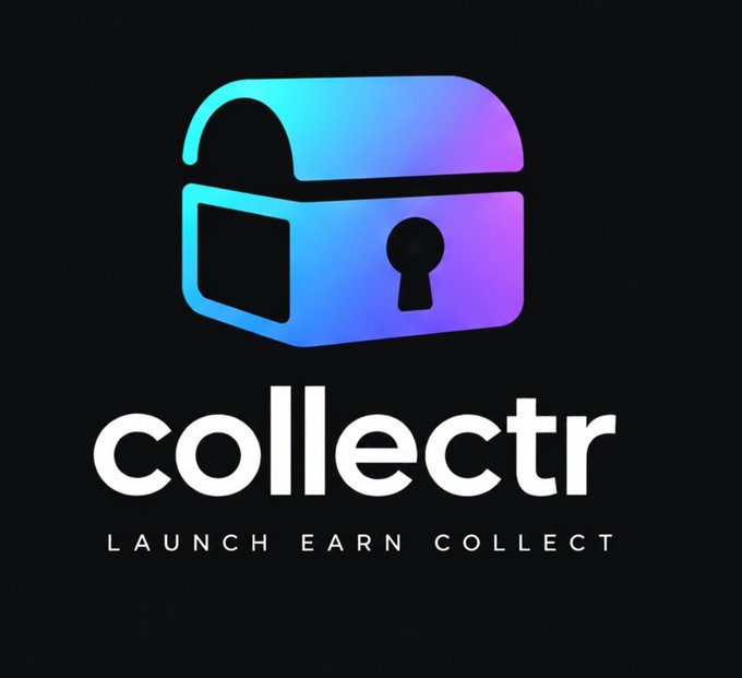 A logo for 'collectr' featuring a gradient blue-to-purple treasure chest icon above the tagline 'LAUNCH EARN COLLECT' on a black background.
